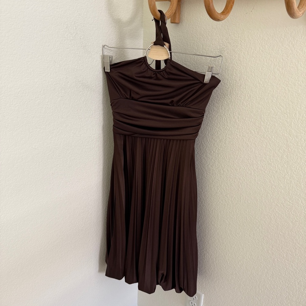 Cache Vintage Y2K Pleated Brown Crystal Halter Dress Size 4 Made In USA